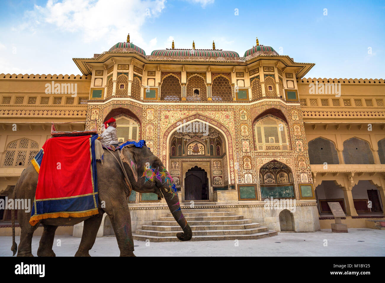 Decorate elefante indiano di fronte Forte Amer Palace Jaipur intricate sculture di gateway. Forte Amber è un sito Patrimonio Mondiale dell'UNESCO. Foto Stock