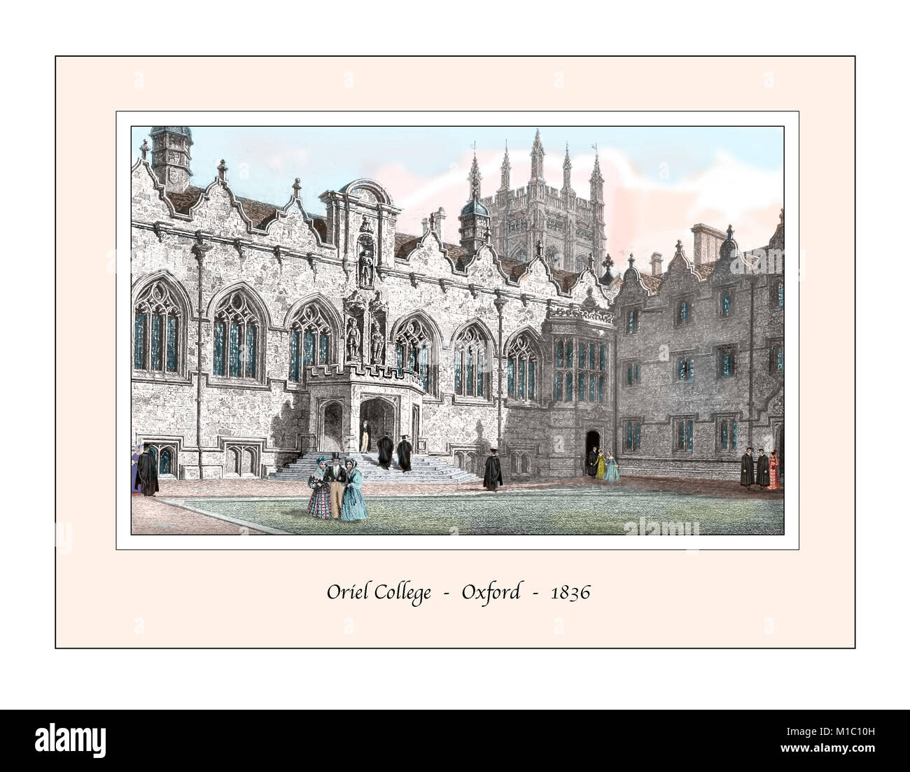 Oriel College Oxford Design originale basato su di un palazzo del XIX secolo l'incisione Foto Stock