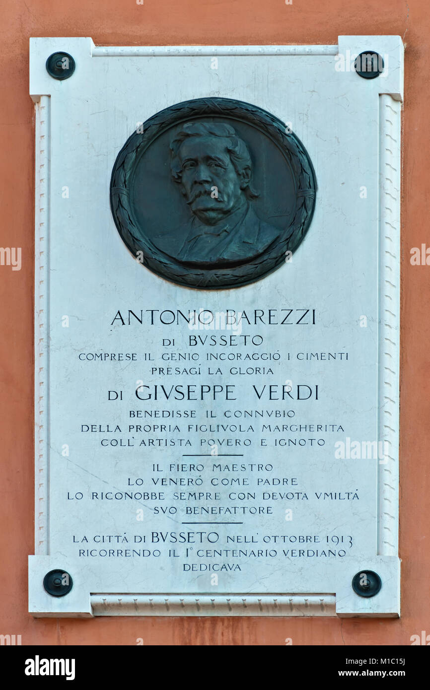 Una lapide commemorativa di Antonio Barezzi patrono di Giuseppe Verdi Foto Stock