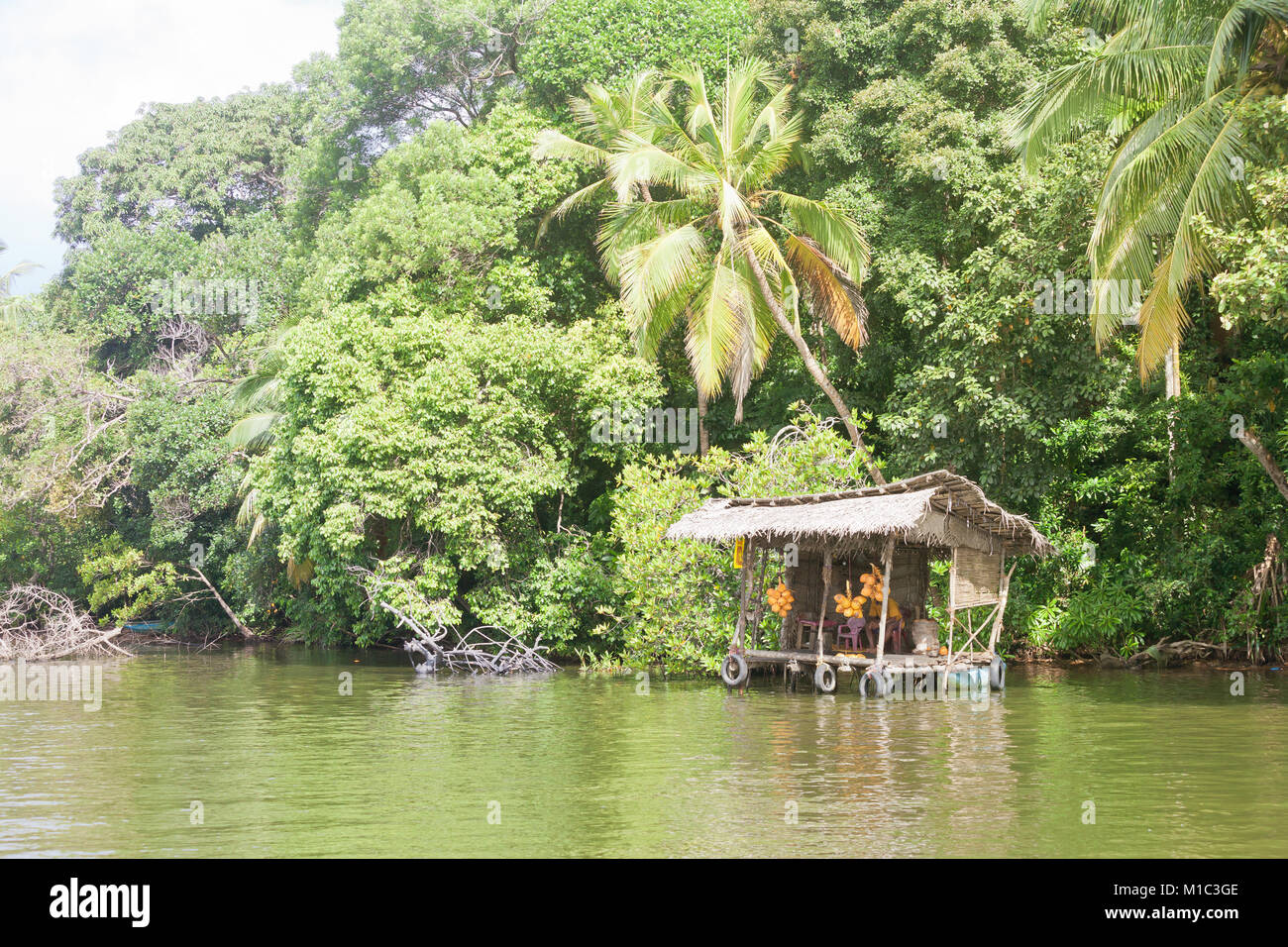 Maduganga Lago, Balapitiya, Sri Lanka - avente una interruzione in corrispondenza di un tradizionale negozio di fiume sul Maduganga Lago Foto Stock