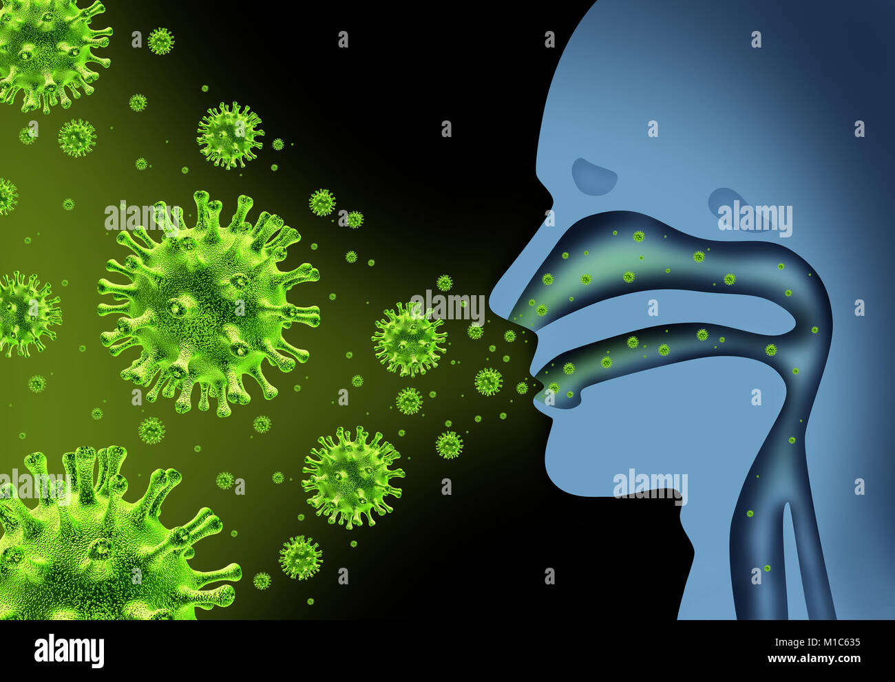 Virus influenzale diffusione causate dall'influenza umana con sintomi di febbre di infettare il naso e gola come mortale microbo microscopico delle cellule. Foto Stock