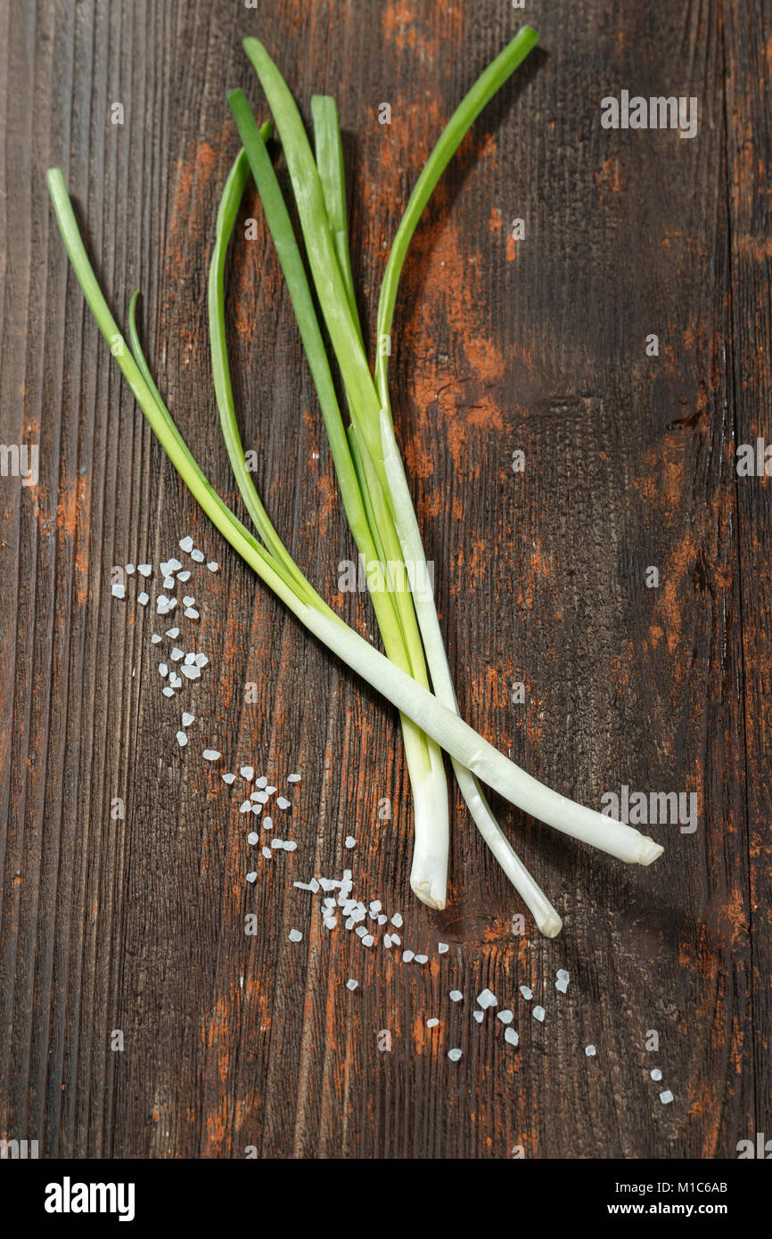 Il sale di mare e di un giovane di grani di cipolla su sfondo nero. Foto Stock