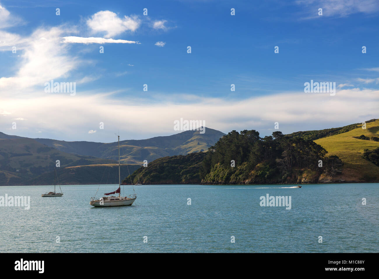 Ocean bay nei pressi di Akaroa, Nuova Zelanda Foto Stock
