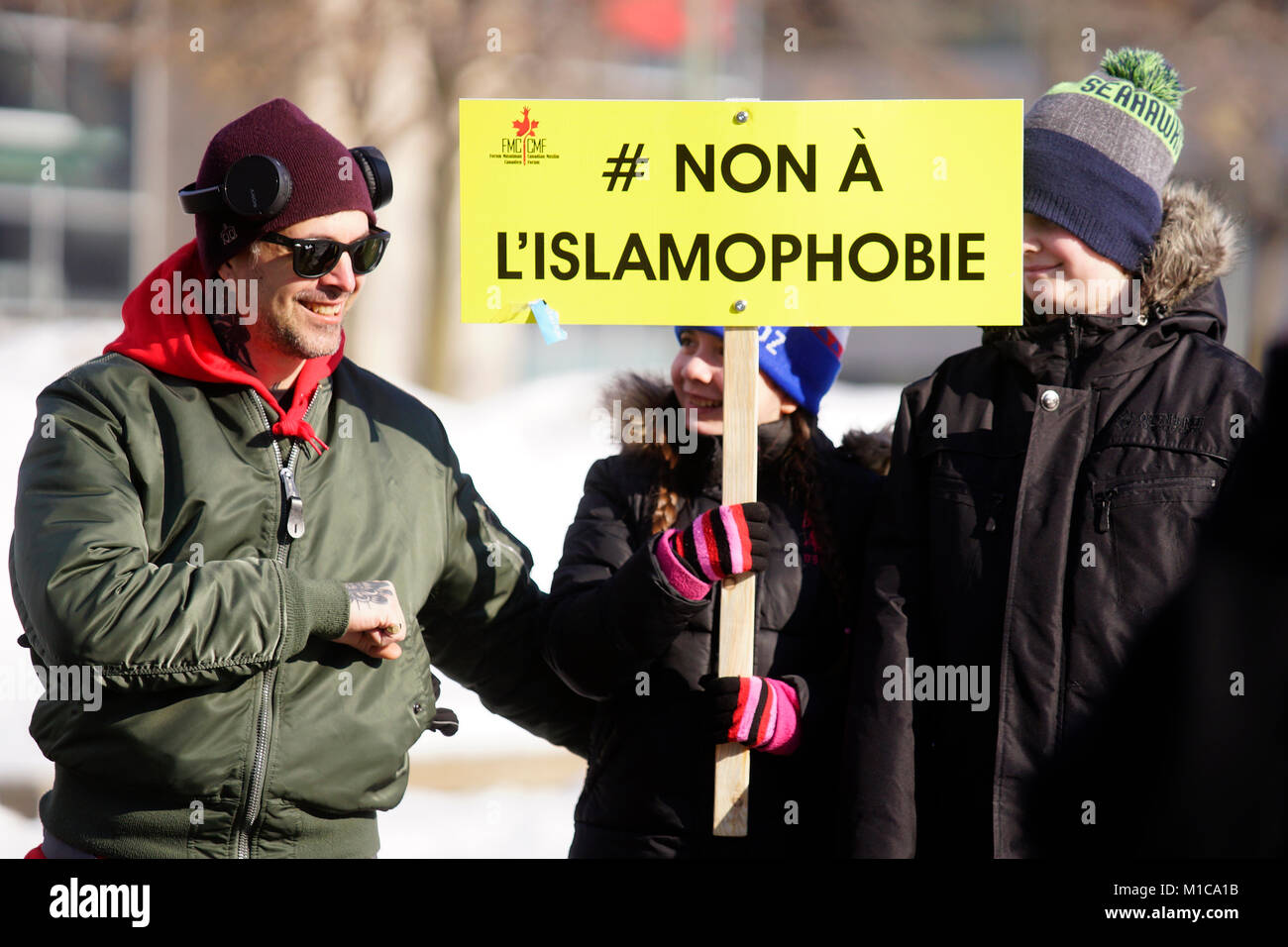 Montreal, Canada. 28 gen, 2018. Persone all'evento commemorativo del Quebec city moschea ripresa.Credit: Mario Beauregard/Alamy Live News Foto Stock