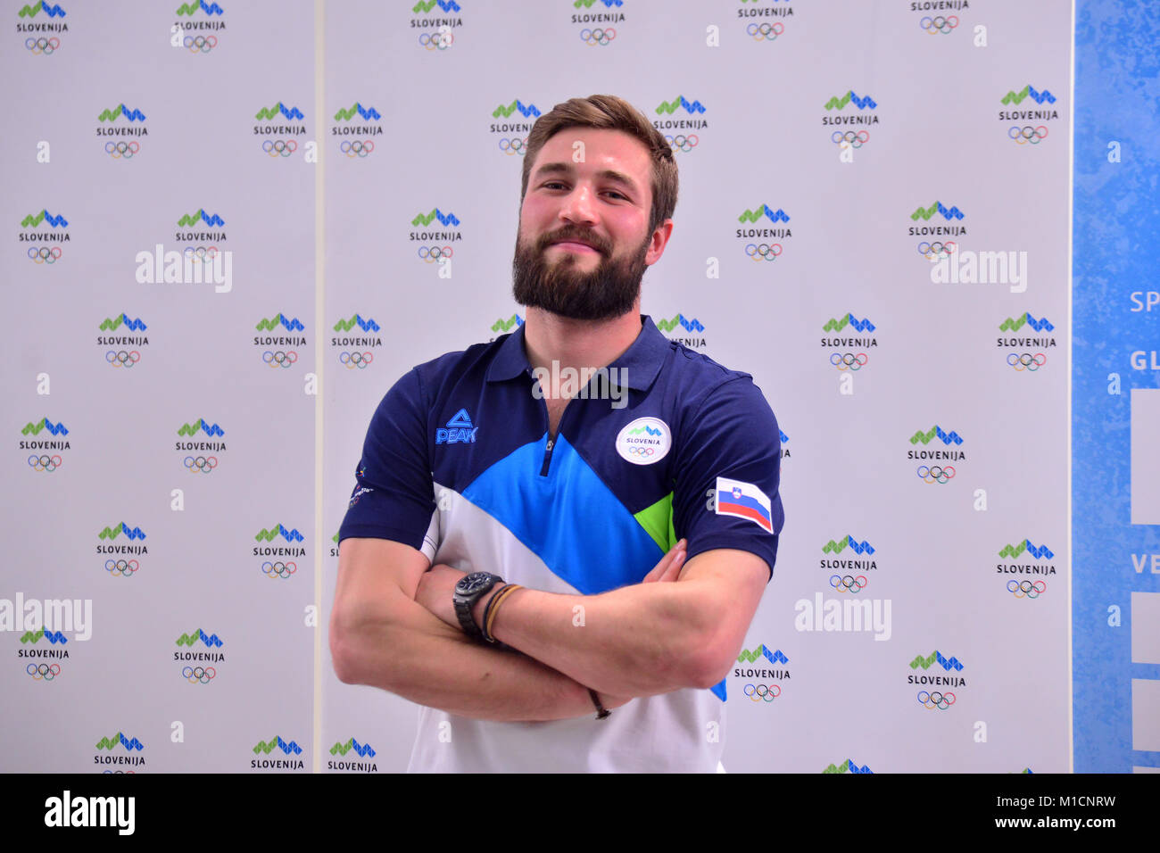 Lubiana, Slovenia. 29 gen, 2018. Filip Flisar, uno dei migliori atleti di free style sci di fondo nel mondo alla presentazione ufficiale della Slovenia team olimpico presso l'Hotel Union. Credito: Matic Štojs/Alamy Live News Foto Stock