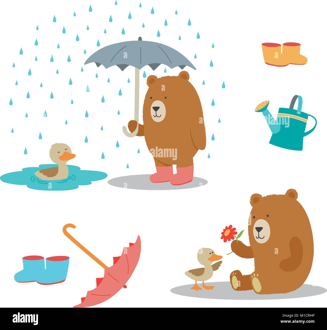 Rainy day orso e anatra disegno vettoriale Illustrazione Vettoriale
