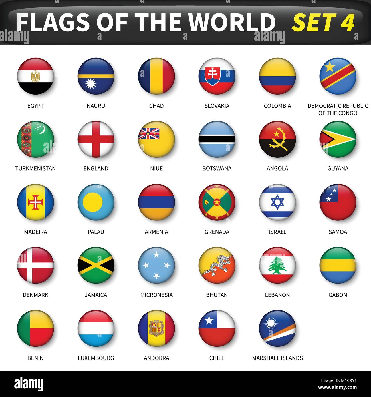 Tutte le bandiere del mondo set 4 . Cerchio e design convesso . Illustrazione Vettoriale