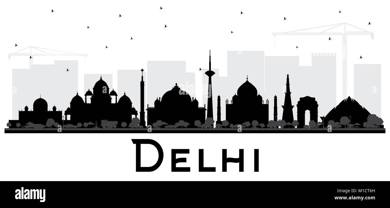 Delhi India skyline della città in bianco e nero la silhouette. Illustrazione Vettoriale. Piatto semplice concetto per il turismo Presentazione, cartellone. Azienda Illustrazione Vettoriale