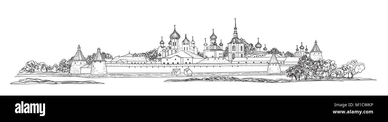 Il russo famoso Solovki. Vista dello Skyline. Paesaggio di Solovki monastero. Il viaggio in Russia lo sfondo. Mano bozzetto illustrazione. Illustrazione Vettoriale