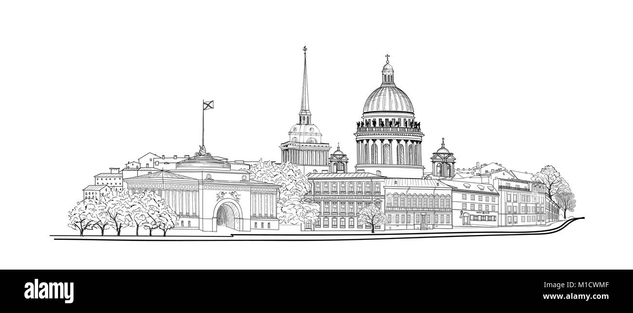 San Pietroburgo, Russia. La cattedrale di San Isacco skyline con Admiralty Building guglia landmark, fiume Neva vista. Paesaggio urbano russo travel backgro Illustrazione Vettoriale