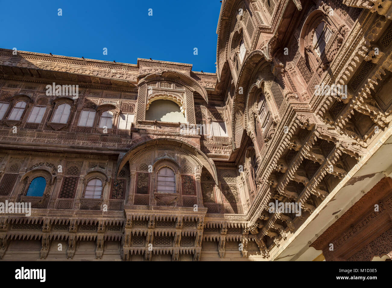Forte Mehrangarh Jodhpur Rajasthan palazzo reale architettura dettagli artwork. Un sito Patrimonio Mondiale dell'UNESCO. Foto Stock