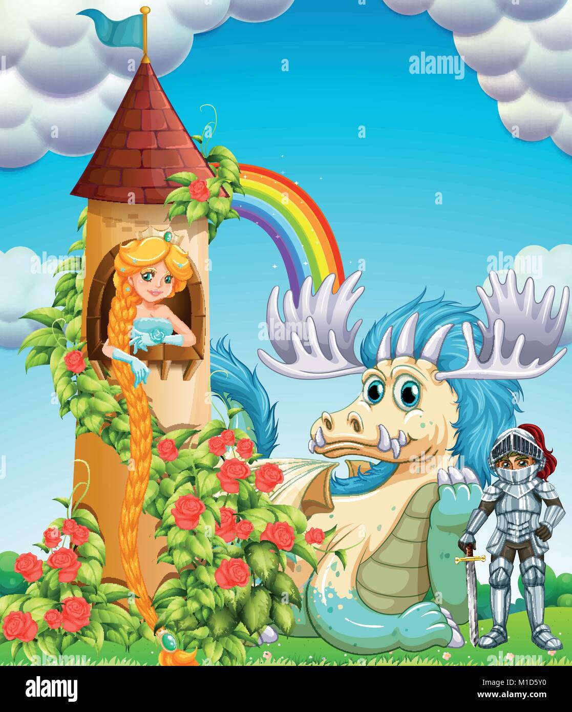 La principessa nella torre con cavaliere e dragon illustrazione Illustrazione Vettoriale
