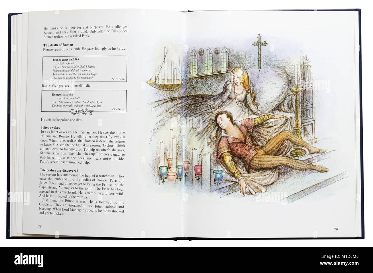 Un libro illustrato di Shakespeare's gioca apre alla morte di Romeo Foto Stock