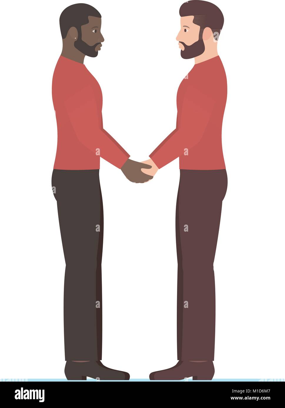 Afro American uomo e uomo bianco, multirazziale coppia gay in amore, tenendo le mani e cercando in ogni altri occhi, in piena crescita permanente. Felice il giorno di San Valentino di impegno o di matrimonio o anniversario. Illustrazione Vettoriale