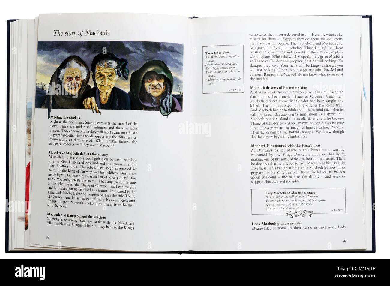 Un libro illustrato di Shakespeare's gioca aperta in corrispondenza di un sommario del tracciato del Macbeth Foto Stock