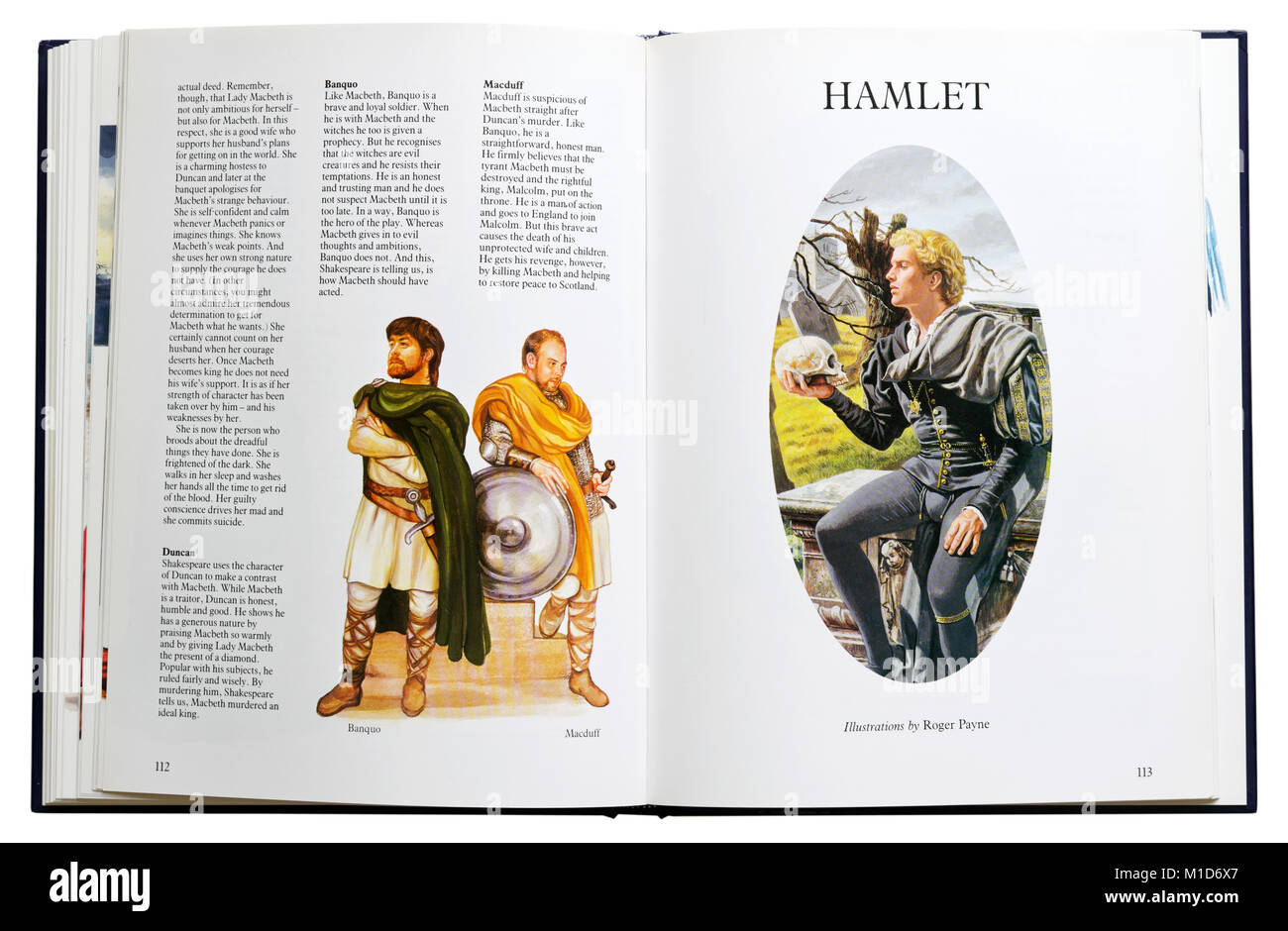 Un libro illustrato di Shakespeare's gioca aperto presso i personaggi del Macbeth e del Borgo Foto Stock