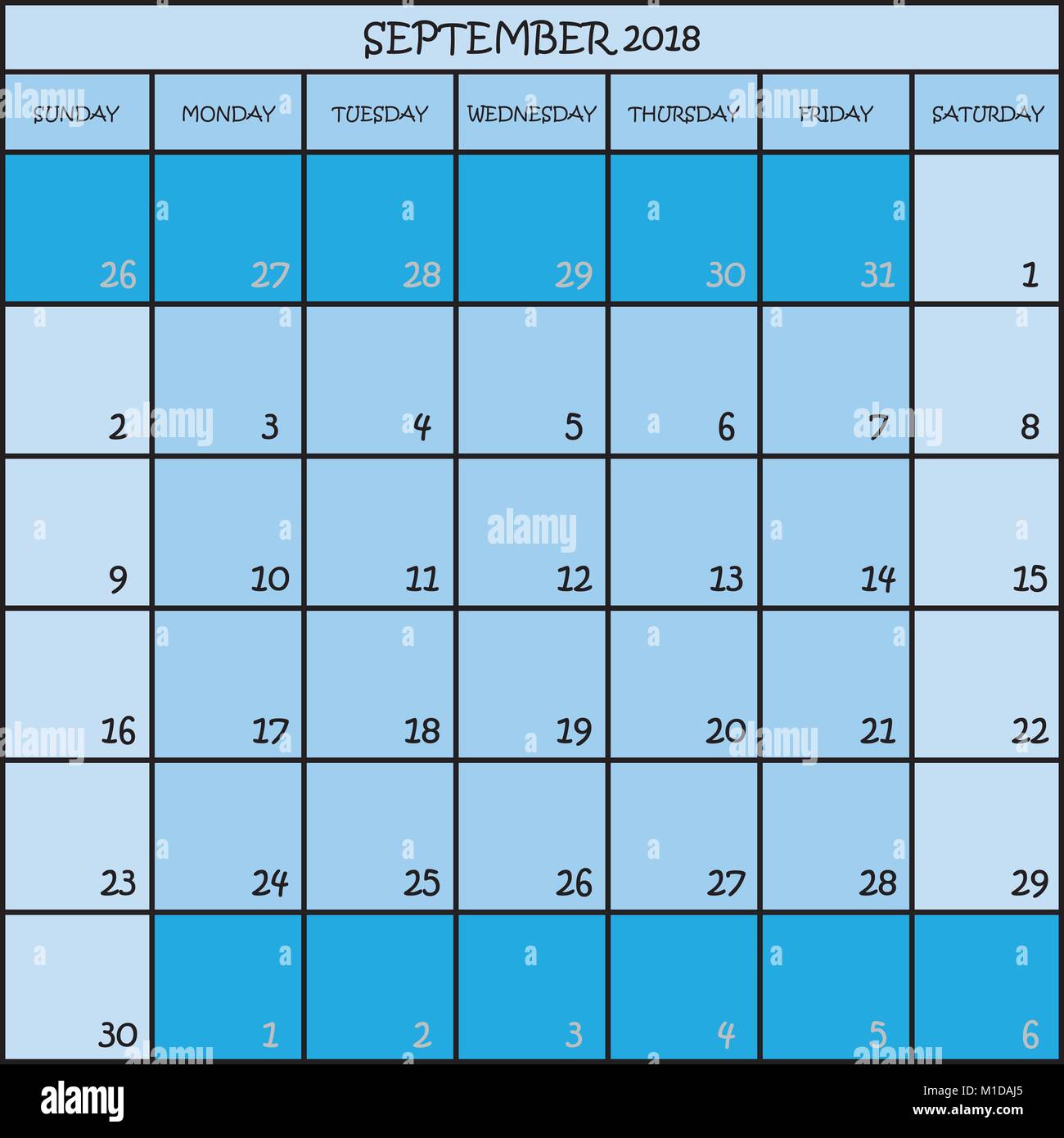 Pianificatore di Calendario mese settembre 2018 in tre tonalità di blu colore di sfondo Illustrazione Vettoriale