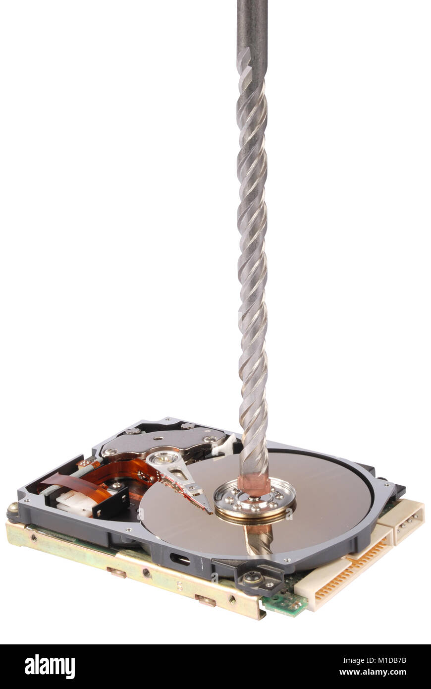 Distruzione di dati dal disco rigido - foto concettuale. Su sfondo bianco Foto Stock