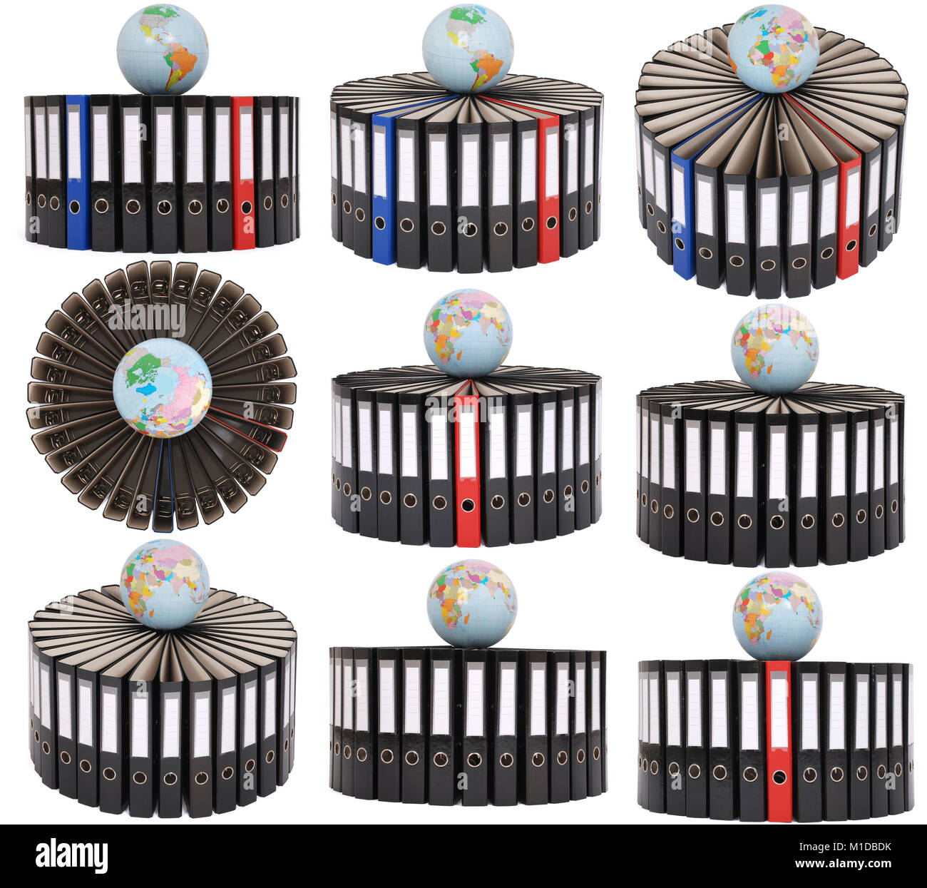 Nove grandi cartelle nero situato su un cerchio su uno sfondo bianco. Un rosso e blu scuro cartella da sopra il globo. Foto Stock
