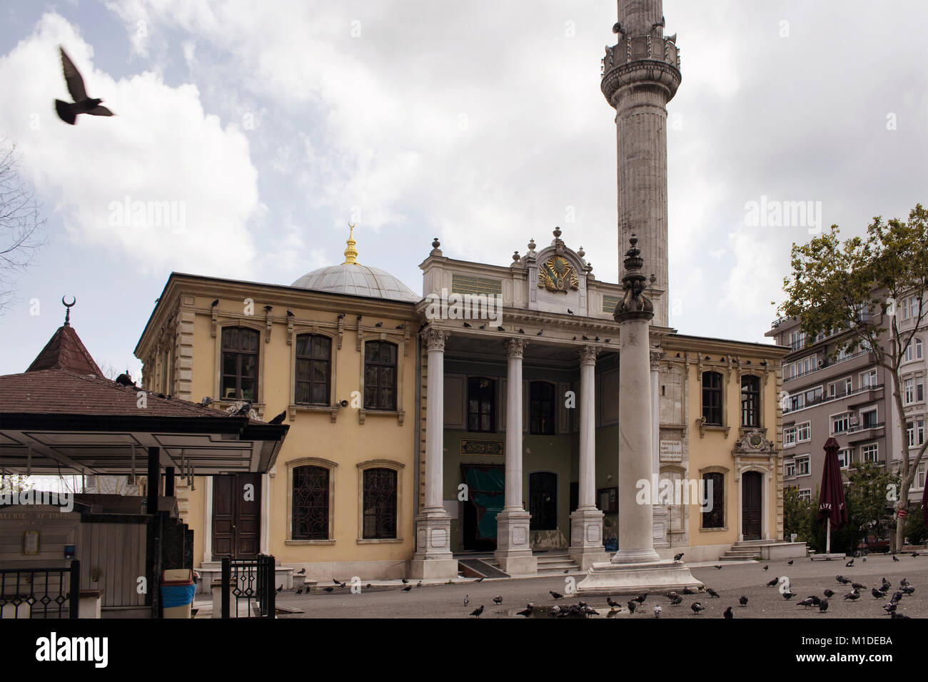I piccioni a Tesvikiye moschea. Si tratta di un neo-struttura barocca in Tesvikiye Nisantasi / quartiere di Istanbul. Testi dal Corano e dell'Impero Ottomano em Foto Stock