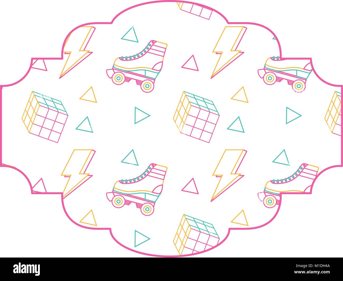 Schema di etichetta retrò roller skate e cubo di Rubik memphis illustrazione vettoriale color design di linea Illustrazione Vettoriale