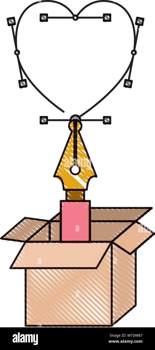 Cuore progettazione disegna con la penna stilografica su una scatola di cartone in matita colorata silhouette Illustrazione Vettoriale