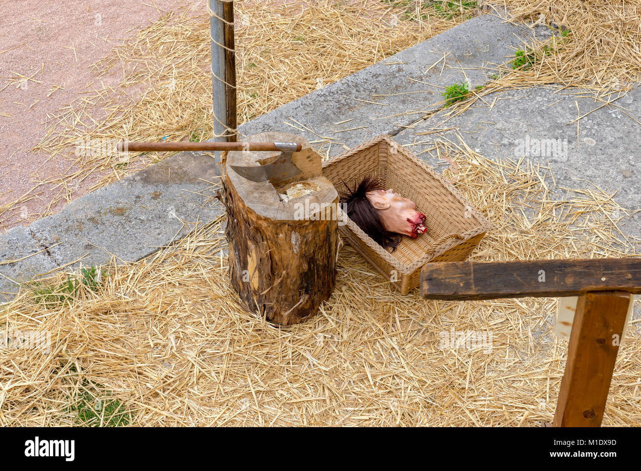 Decapitato su un festival medievale. Testa di gomma in un cestello. Foto Stock