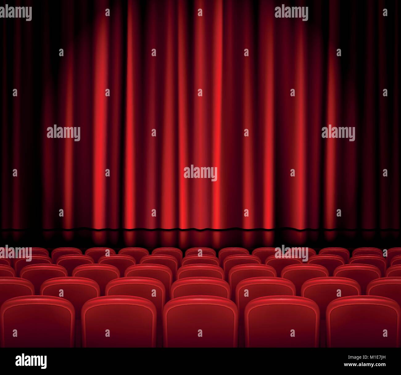Chiuso tende rosse con posti a sedere in un teatro o la cerimonia. Teatro realistico hall, Opera o scena di Cinema per il tuo design. Movie premiere poster. Illustrazione Vettoriale. Illustrazione Vettoriale
