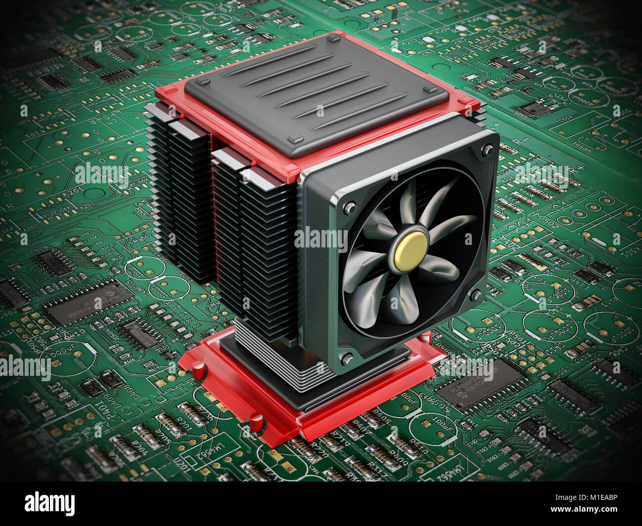 Ventola del computer e il dissipatore di calore sulla CPU. 3D'illustrazione. Foto Stock