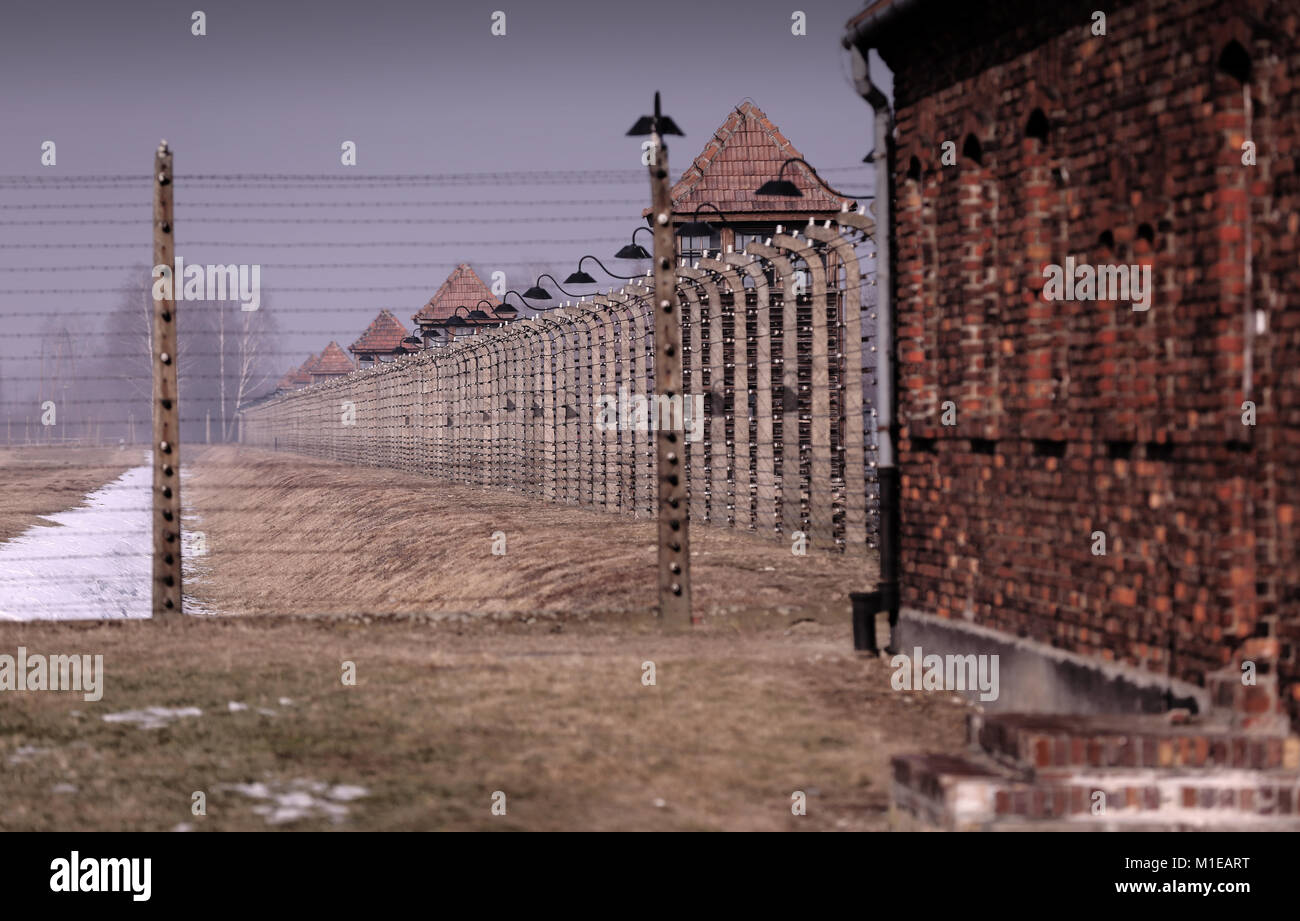 View all'interno di Auschwitz II - Birkenau lungo la recinzione elettrificata, torri di guardia e filo spinato sfocatura a distanza. Foto Stock