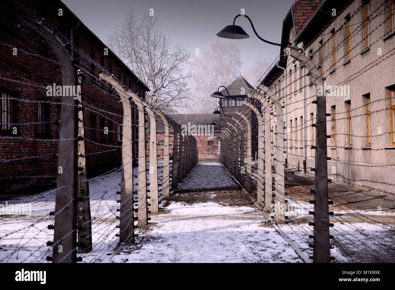 Recinzioni elettriche tra blocchi di alloggio in Auschwitz I - Oswiecim - Polonia Foto Stock