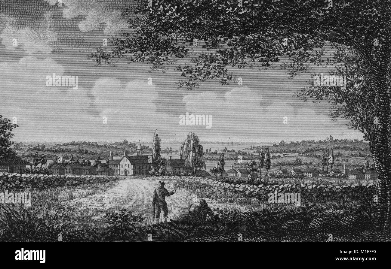 Una vista di New London da Manwarnings Hill, cielo nuvoloso, colline e edifici, strada sterrata e due uomini in primo piano, Connecticut, USA, 1840. Dalla Biblioteca Pubblica di New York. () Foto Stock