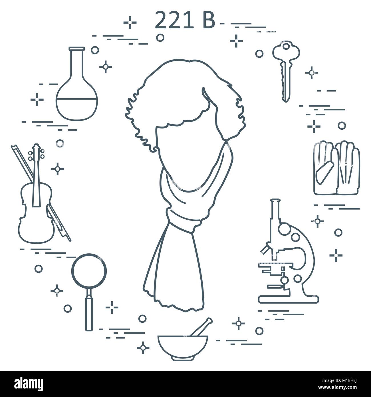Detective privato Sherlock Holmes con una varietà di strumenti e apparecchiature. L'eroe della popolare serie TV. Design per un annuncio stampa. Illustrazione Vettoriale