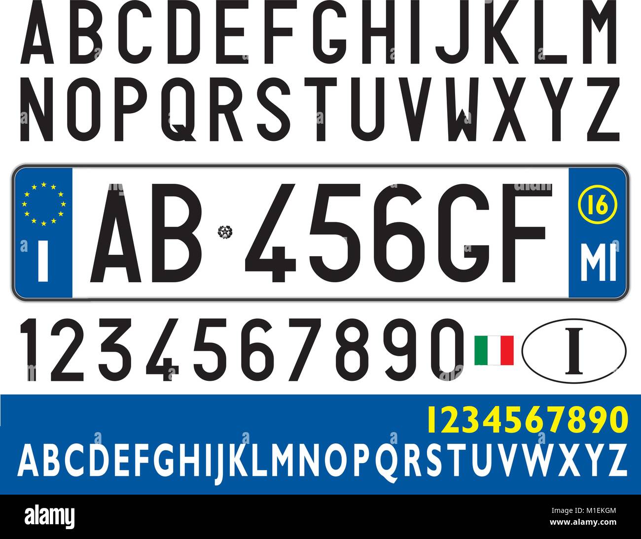 Italia piastra auto, lettere, numeri e simboli Illustrazione Vettoriale