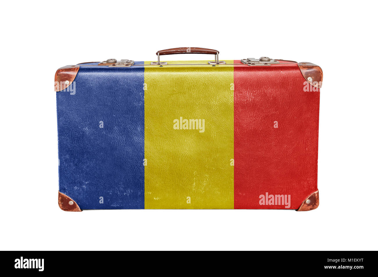 Valigia Vintage con bandiera della Romania Foto Stock