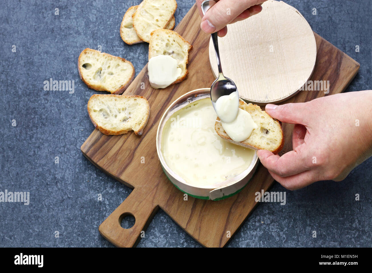 Il francese il vacherin mont d'or, formaggi molli con crosta lavata, raccogliendo con un cucchiaio Foto Stock