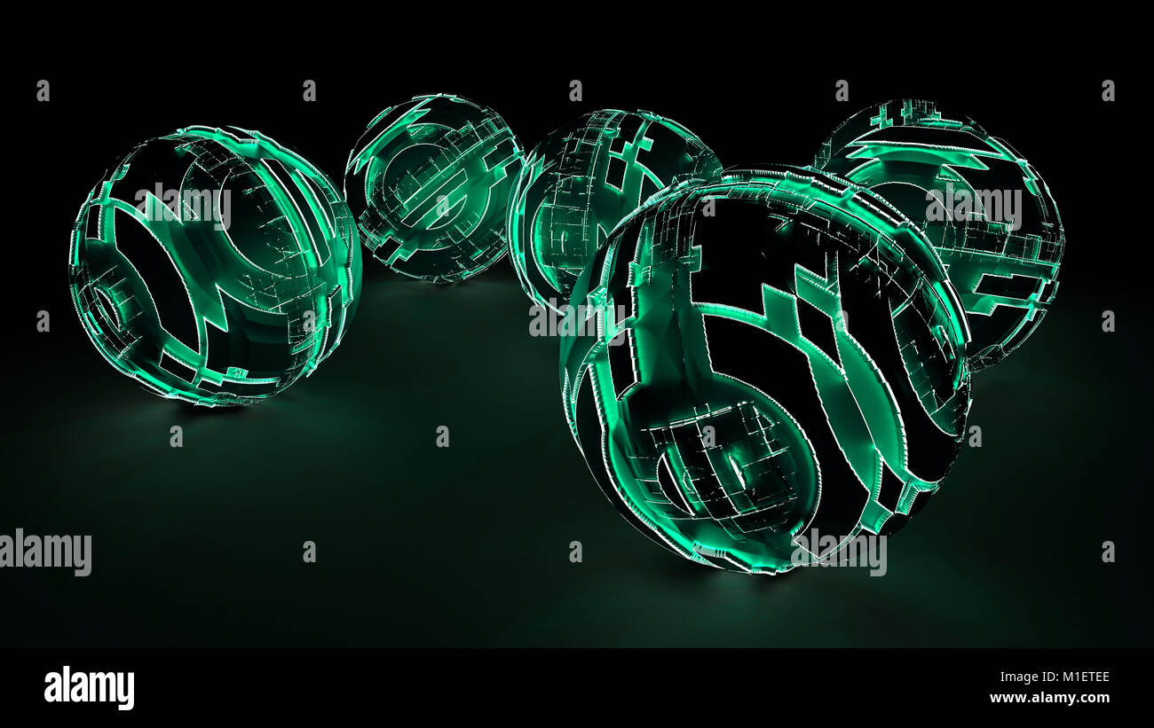 Abstract sfere futuristico incandescente luce verde Foto Stock