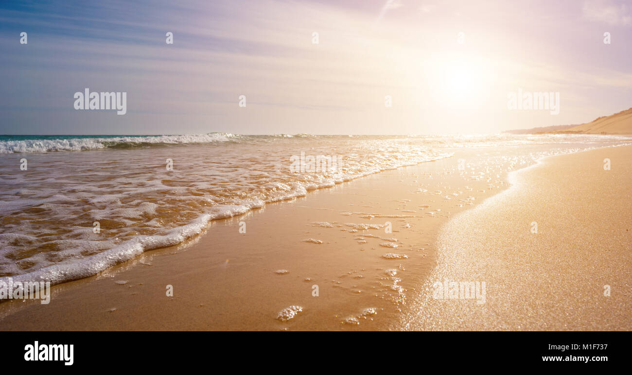 Mare calmo e navigare su di una spiaggia di sabbia. estate mare nel tempo molto soleggiato con cielo blu. Una bellissima spiaggia di sabbia e le onde trasparenti Foto Stock