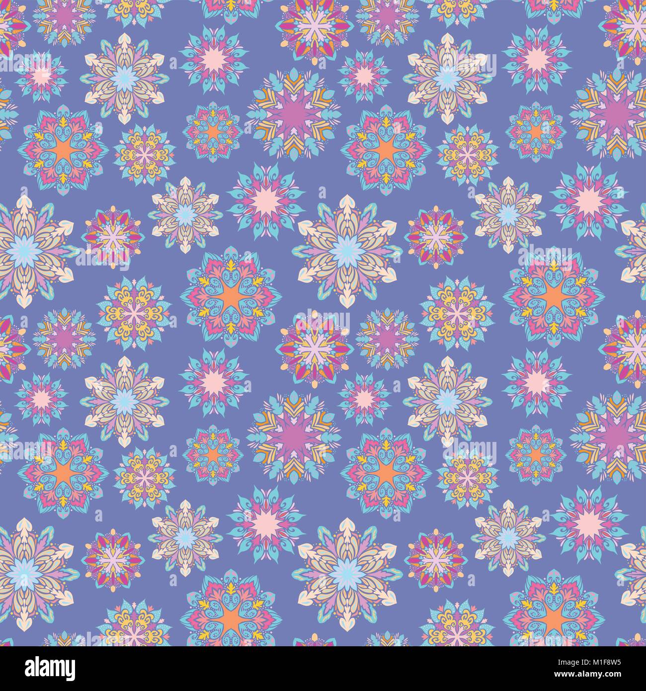 Texture seamless con figure geometriche luminose colorate forme mandala su sfondo blu per la carta da parati e il design tessile Illustrazione Vettoriale