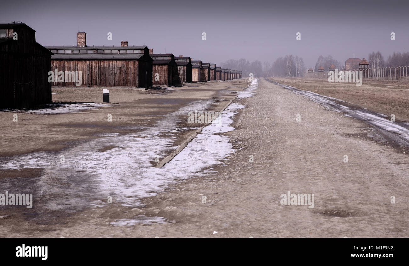 Alloggio in legno capanne ad Auschwitz II Birkenau Memoriale dell Olocausto e museo - Dissolvenza in entrata distanza con il ghiaccio e la neve sulla terra. Foto Stock