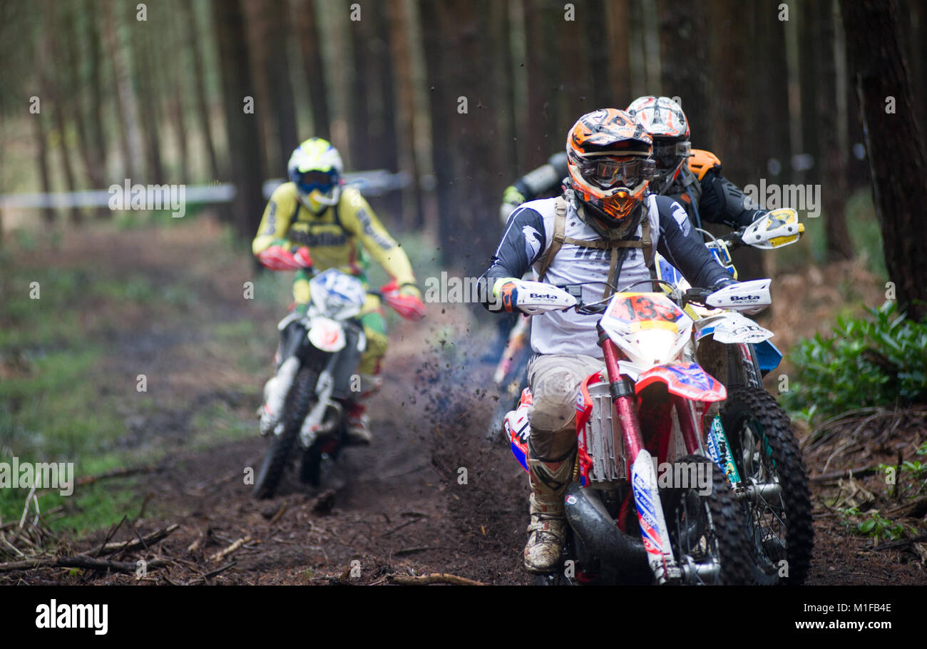 Moreton foresta, Moreton, Dorset, Regno Unito. Il 28 gennaio, 2018. Kevin Gurr (133) e Stephen Davey (122) tessere attraverso la foresta durante il Dorset Enduro Wi Foto Stock