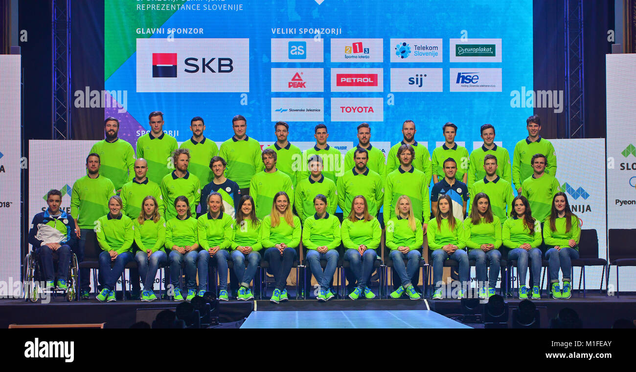 Lubiana, Slovenia. 29 gen, 2018. Parte del team di Slovenia membri presso la presentazione ufficiale della Slovenia team olimpico presso l'Hotel Union. Credito: Matic Štojs/Alamy Live News Foto Stock
