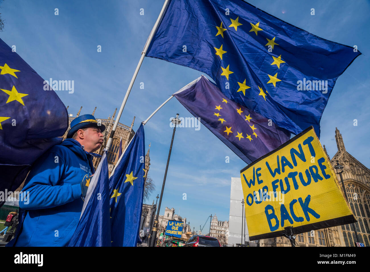 Londra, Regno Unito. Il 30 gennaio, 2018. Steve Bray, 48, da Port Talbot conduce quotidianamente una protesta contro Brexit - insieme con altri sostenitori della rimanente nella UE (sotto il SODEM - Tempo di azione banner) intensificare la loro protesta al di fuori della sede del Parlamento come i signori rivedere il Brexit Bill e il Primo Ministro reamins sotto pressione dal suo indietro benchers. Credito: Guy Bell/Alamy Live News Foto Stock