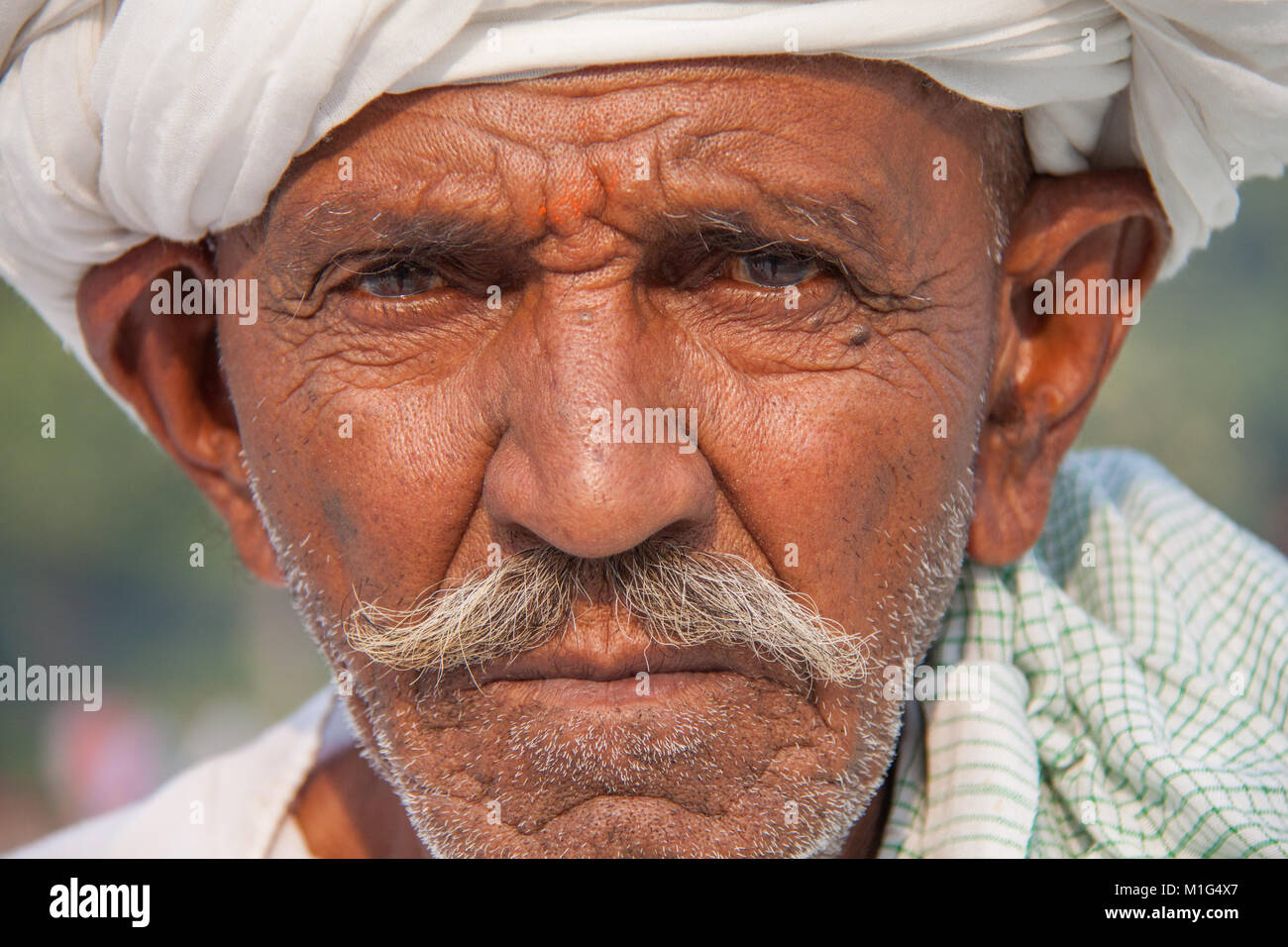 Il vecchio uomo indiano in turbante con il grigio / grigio baffi al Taj Mahal, Agra, pronunciare Pradesh, India Foto Stock