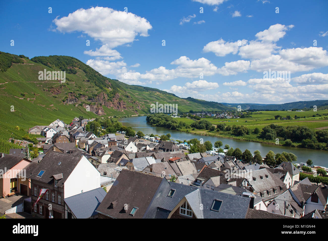 Vista sui tetti del paese vinicolo Uerzig sul fiume Moselle, Renania-Palatinato, Germania, Europa Foto Stock