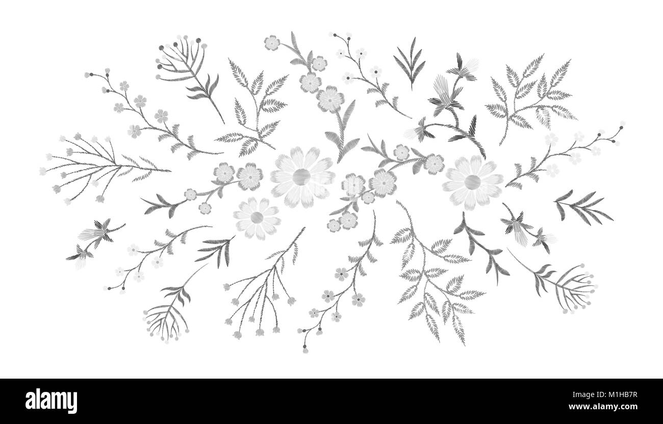 Ricamo in pizzo bianco motivo floreale piccoli rami erbe selvatiche con po' di blu violetto di fiori di campo. Ornati di musica folk tradizionale fashion design patch scollatura sfondo nero illustrazione vettoriale Illustrazione Vettoriale