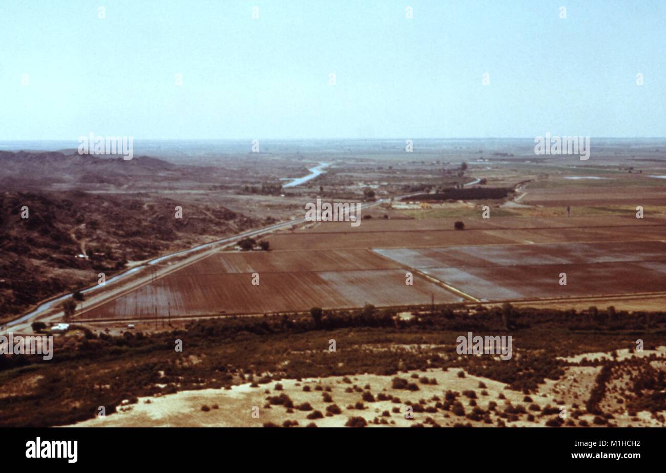 Una fotografia areale di campi con un canale di irrigazione in Arizona, un sito relativo al CDC inchiesta del vettore di malattie intorno all acqua risorsa sviluppi, 1976. Immagine cortesia CDC. () Foto Stock