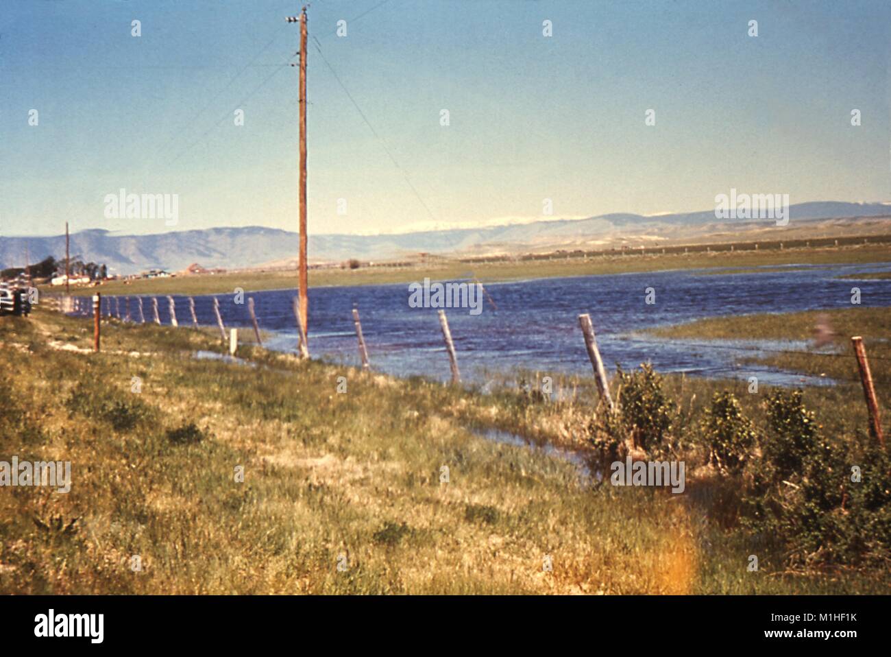 Fotografia di un ampio pool di tailwater accumulate da un campo di irrigazione, che presentano un rischio di diventare mosquito vettore terreno fertile in Wyoming, 1976. Immagine cortesia CDC/James Stewart. () Foto Stock