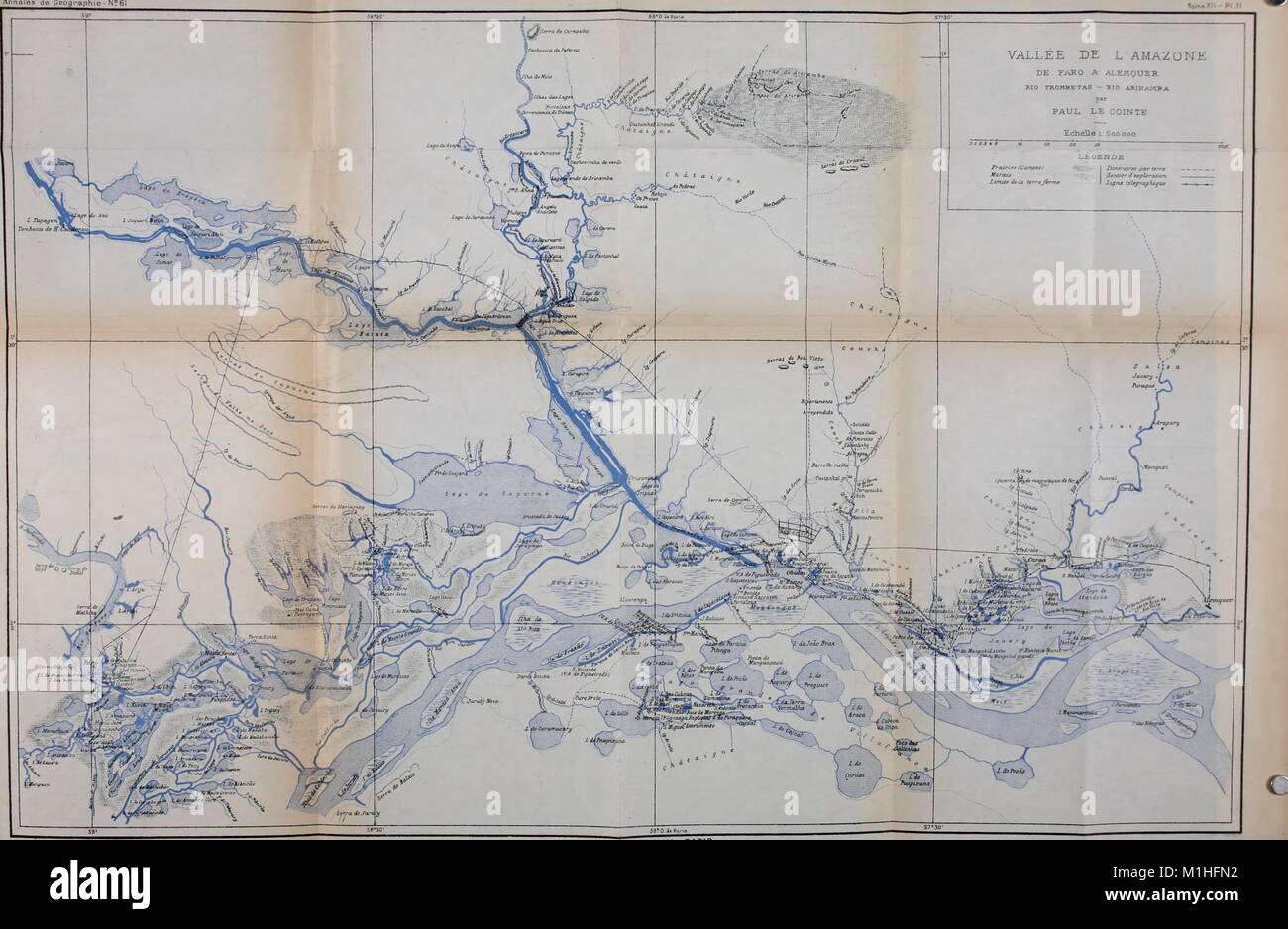 Illustrazione a colori di una mappa di il bacino del Rio delle Amazzoni con un inserto chiave e unità di conversione, con la dizione "Vallée de l'Amazone de Faro un Alemquer Rio Trombetas - Rio Ariramba, ' che mostra i flussi tributari da Faro a Alemquer, dal volume "Annales de geographie, ' creato dalla Societe de geographie (Francia), 1891. La cortesia Internet Archive. () Foto Stock