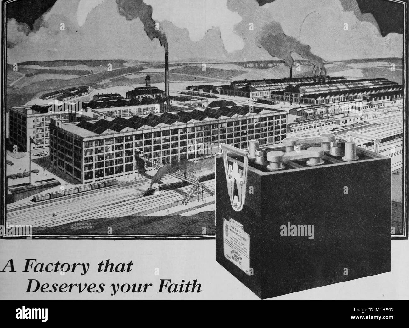 Bianco e nero, illustrazione di un sabato sera Post, pubblicità Westinghouse batterie e la Swissvale, Pennsylvania fabbrica dove vengono realizzati, 13 novembre 1920. La cortesia Internet Archive. () Foto Stock